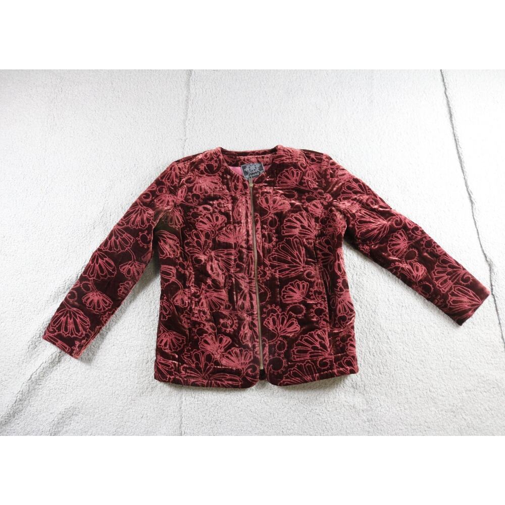 Johnny Was Jacket L Red Velvet Quilted Cooper Silk Blend Embroidered No Tassels